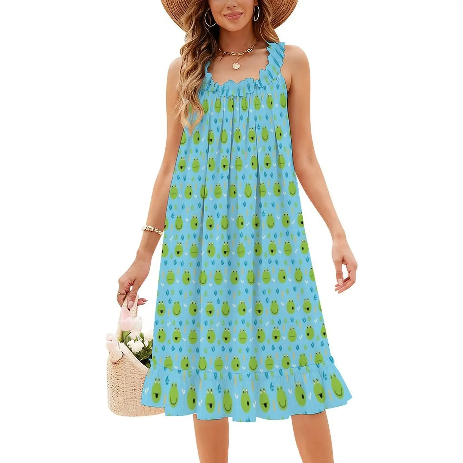 تواجه الضفدع الممتعة باللون الأزرق البوهيمي فستان بلا أكمام للنساء طباعة فساتين حفلات الشاطئ الضفادع الضفادع الأزرق الصبي الضفدع العلجوم المرأة #4