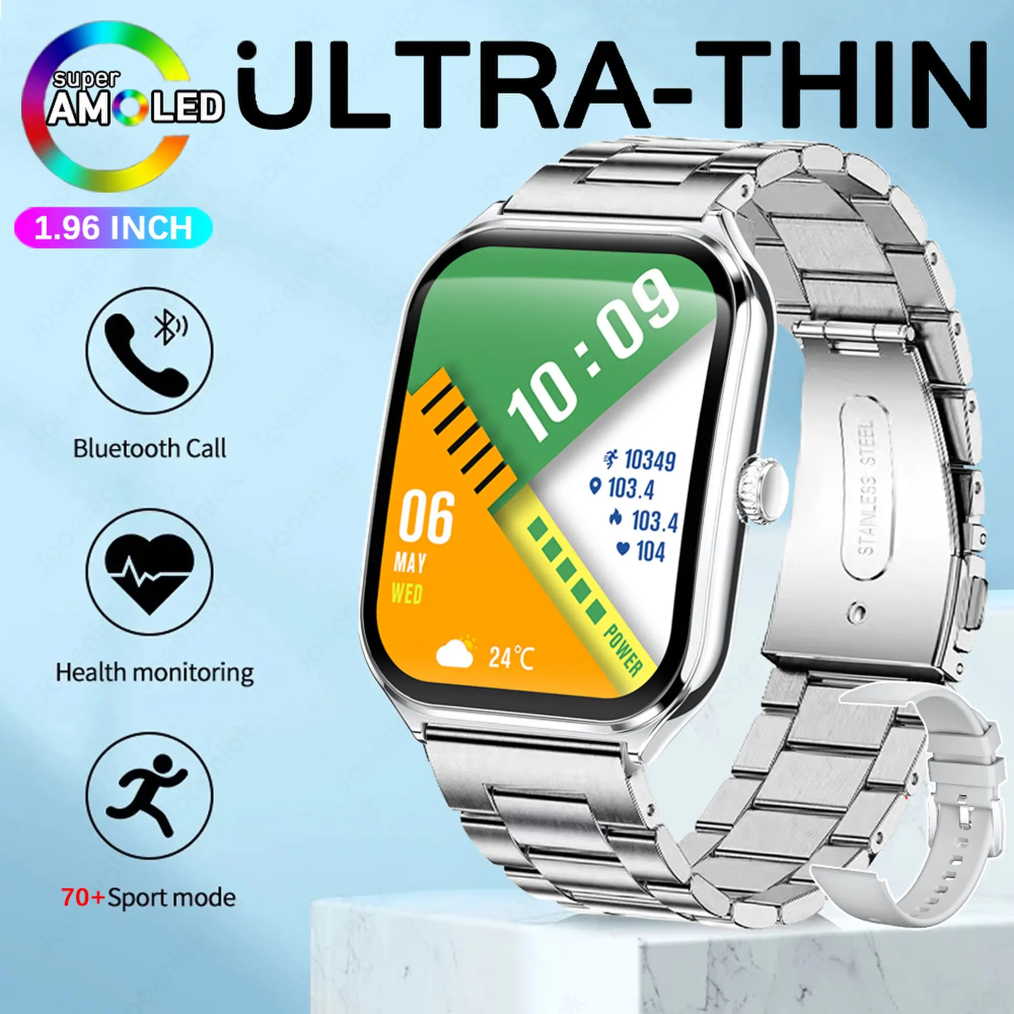 2025 New 7.5MM Ultra Thin Smart Watch Men 1.96"AMOLED Screen Always Show Time Heart Rate Sport Waterproof BT Call Smartwatch