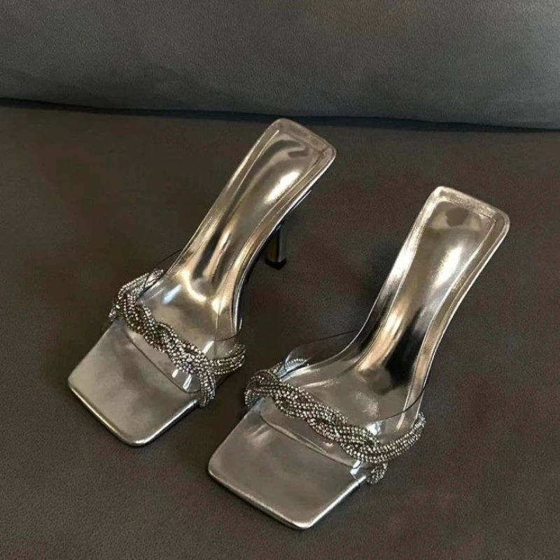 2025 Summer New Women's Sandals, Transparent Rhinestone Thick Heels, Middle Heel and Fashion Slippers