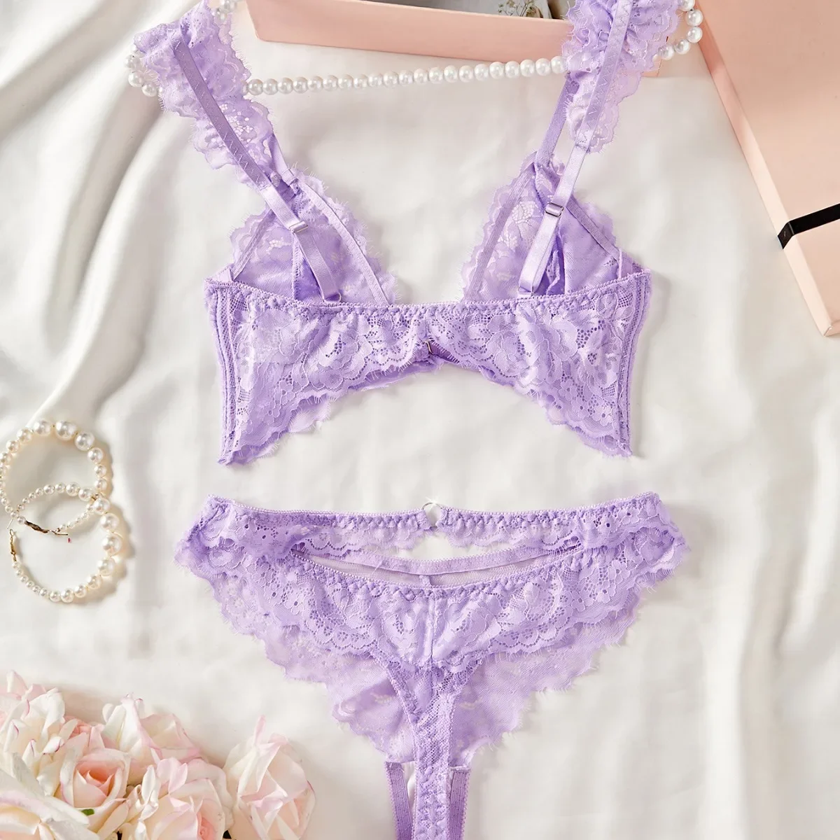 Sexy Embroidery Printed Erotic Lingerie Set Women Large Breasts Bra Lace Gathering Lace Underwear Comfortable Triangle Pants wit