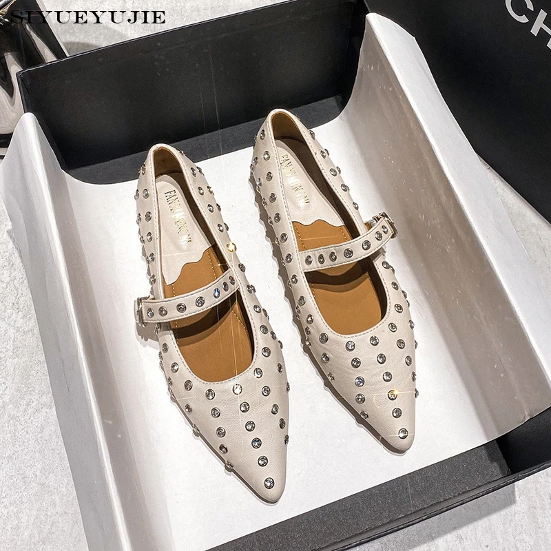 

Retro Mary Jane crystal Single Shoes European and American Women's Shallow Mouth Flat Bottom Rivet Buckle Shoes Banquet Shoes