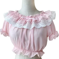 Womens Chiffon Crop Top Summer Short Sleeve Blouse with Lace Detailing