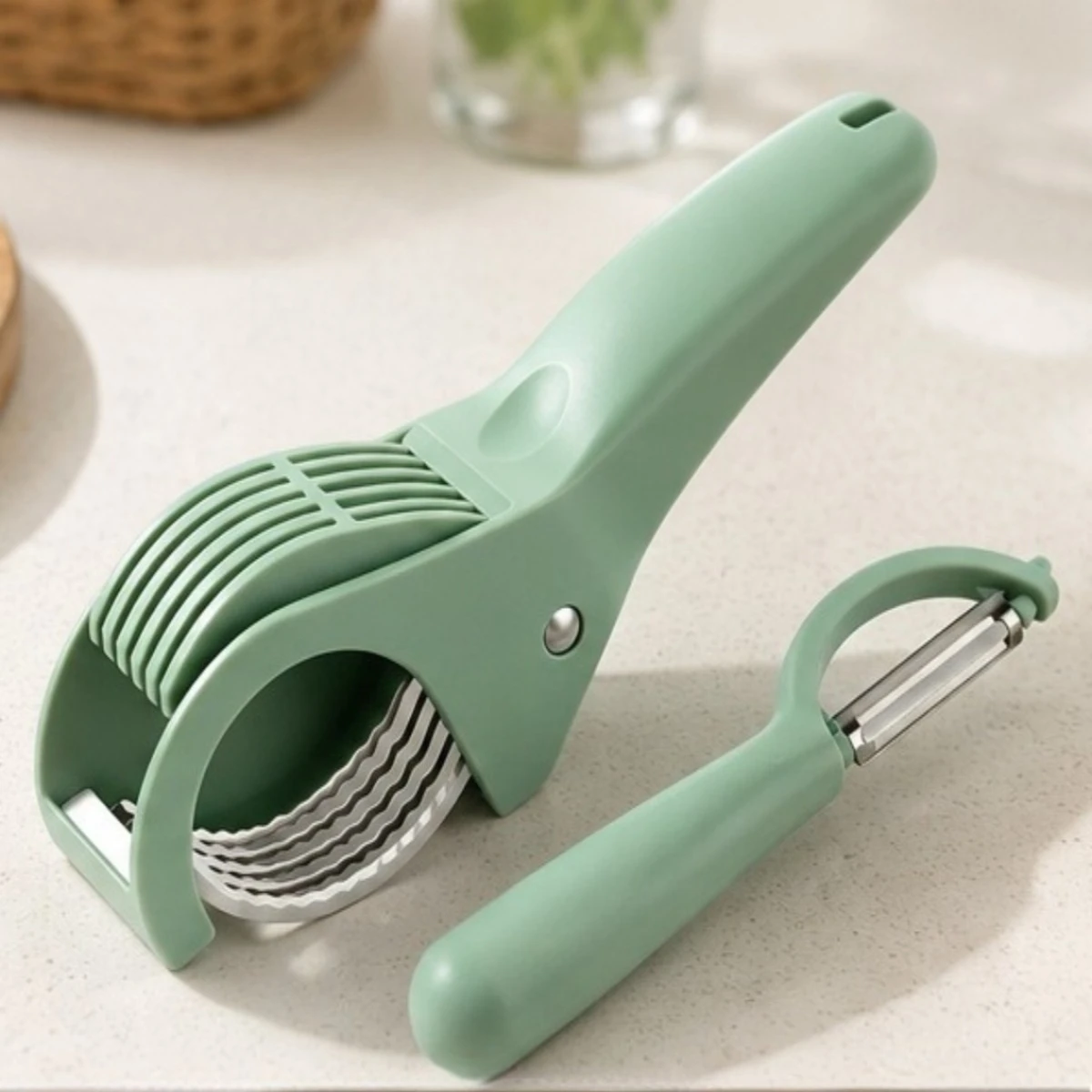 Green Multi Functional Stainless Steel Vegetable Slicer Fruit Cutter Salad Kitchen Tools Accessories for Home Daily Cooking