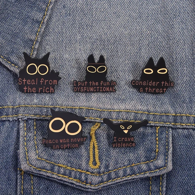 Lapel Pin Creative Cartoon Black Cat Personality Brooch Cute Letter Quotes Alloy Badge Buckle Women's Brooch Enamel Pins Pines