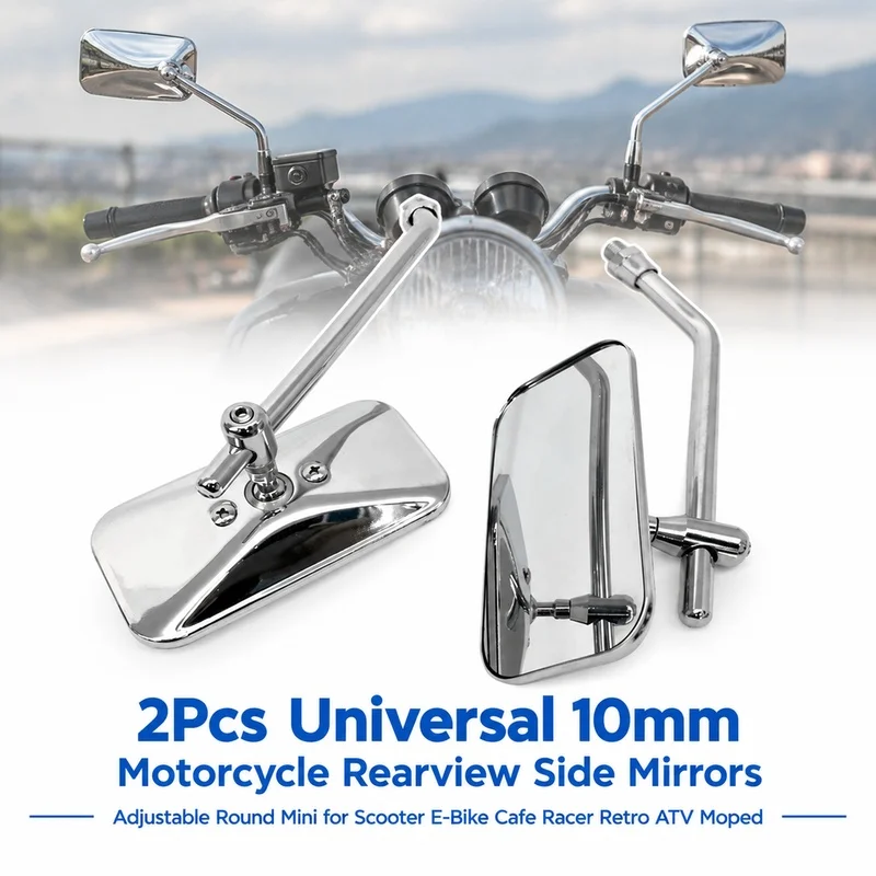 2Pcs Universal 10mm Motorcycle Rearview Side Mirrors Adjustable Round Mini for Scooter E-Bike Cafe Racer Retro ATV Moped