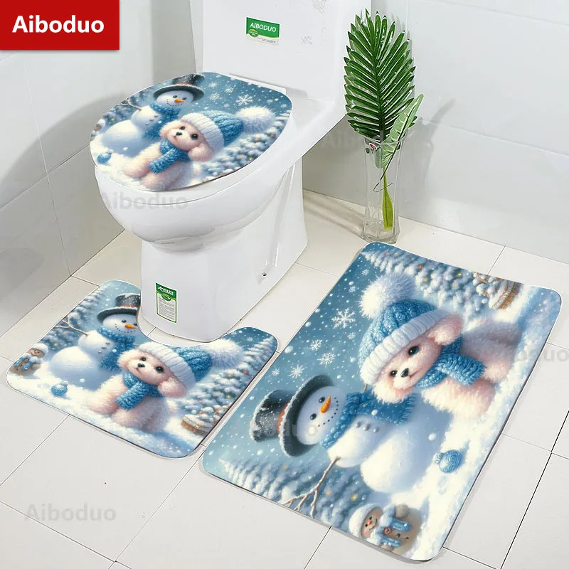 

Christmas Snowman and Cute Puppy Bathroom 3Pcs/set Mat Home Flannel Decoration Accessories Floor Rug Toilet Cover 40*60/50*80 CM