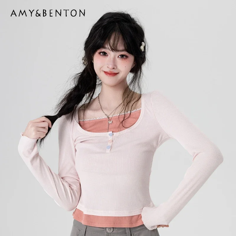 

2024 Early Autumn New Sweet and Cute Brown White Bottoming Shirt Fake Two-Piece Knitted Top For Women