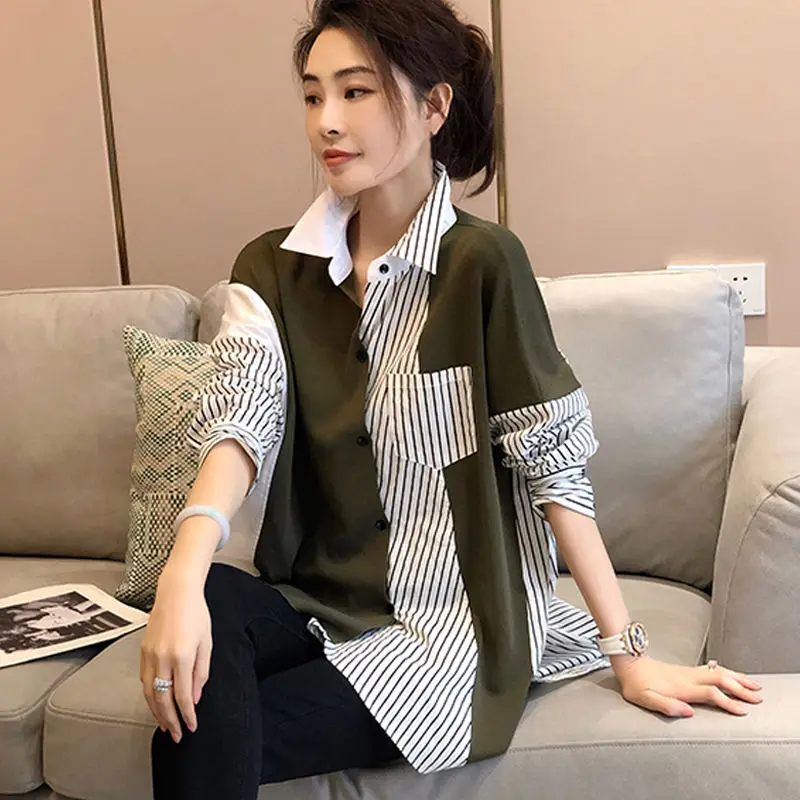 

Stylish Button Spliced Pockets Striped Asymmetrical Shirt Women's Clothing 2022 Autumn New Casual Tops All-match Korean Blouse