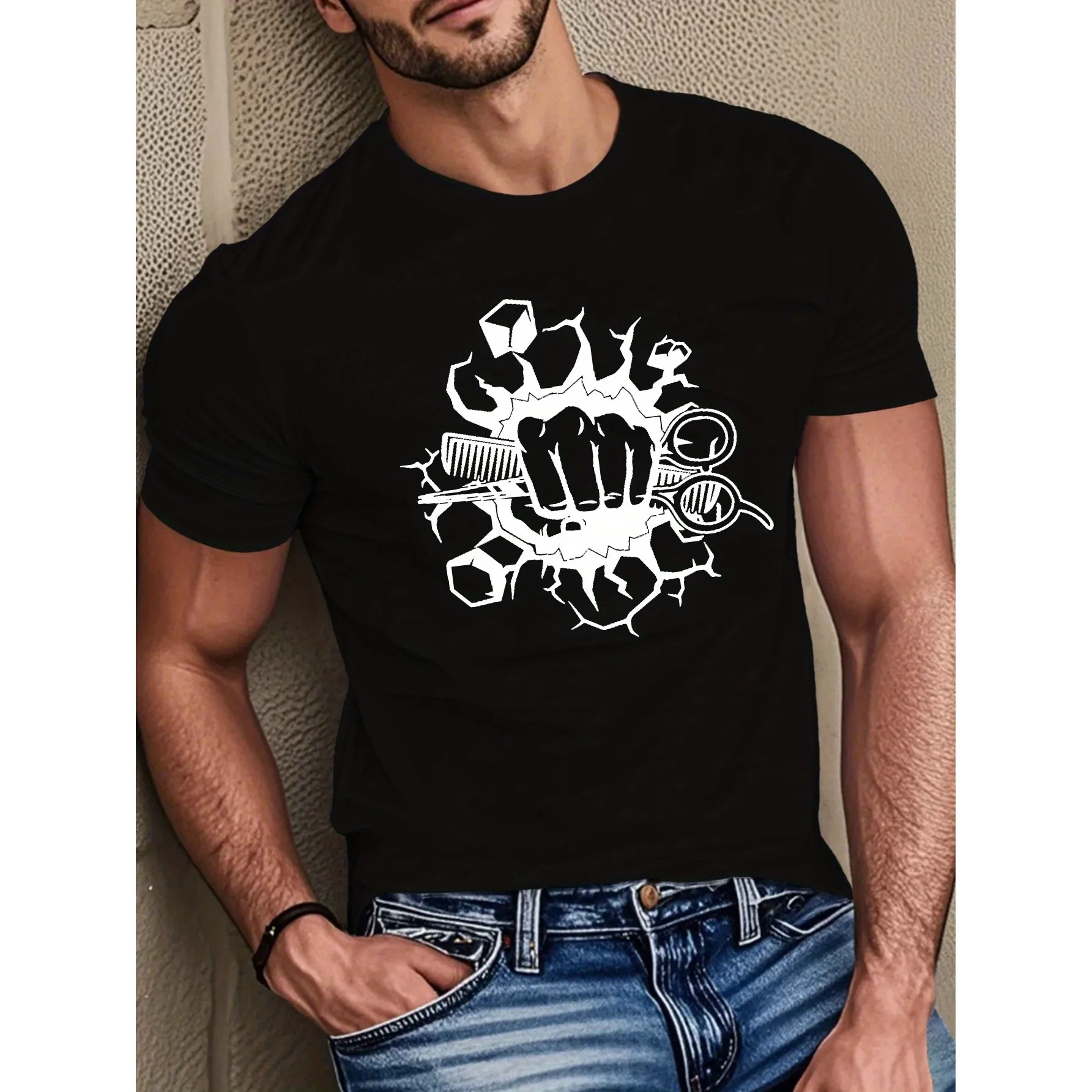 Barber Fist Breaking Wall Graphic Tee Men's Cotton Short Sleeve Round Neck Casual Streetwear T-Shirt