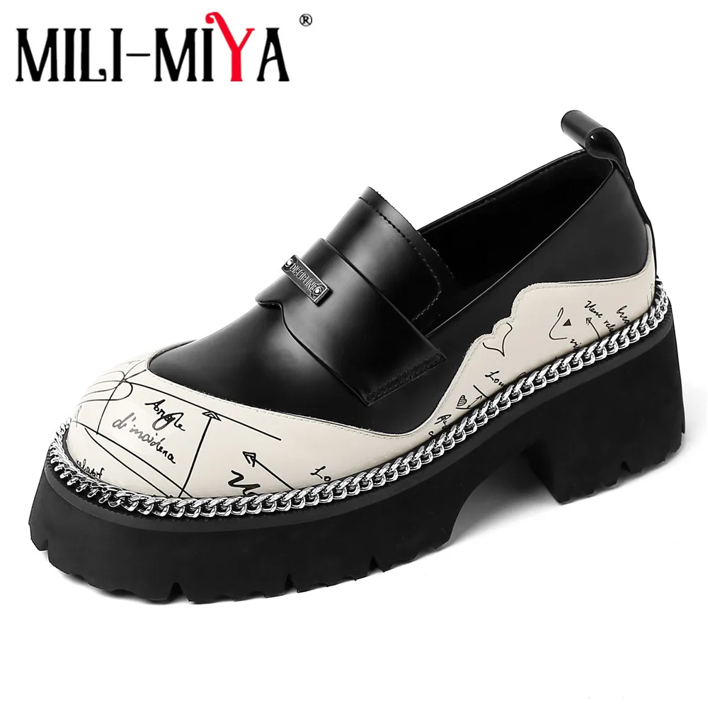 MILI-MIYA New Arrival Fashion Graffiti Mixed Color Women Cow Leather Pumps Slip On Comfortable Round Toe Thick Heels Handmade