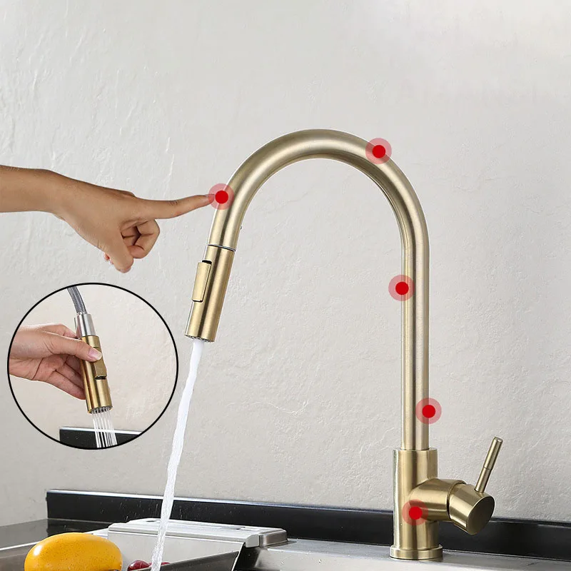 

Brushed Gold Smart Touch Kitchen Faucet Stainless Steel Pull Out Sensitive Smart Touch Control Faucet 360Rotation Sink Mixer Tap