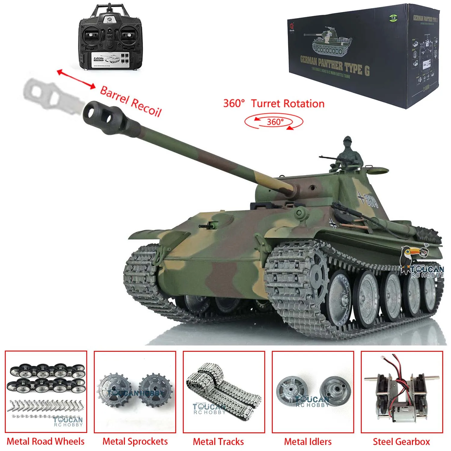 HENG LONG 1/16 Scale RC ถังรุ่น RTR 3879 7.0 ที่กําหนดเอง Panther G โลหะแทร็กล้อ 360 องศาป้อมปืน Rotatio ของเล่น TH17491