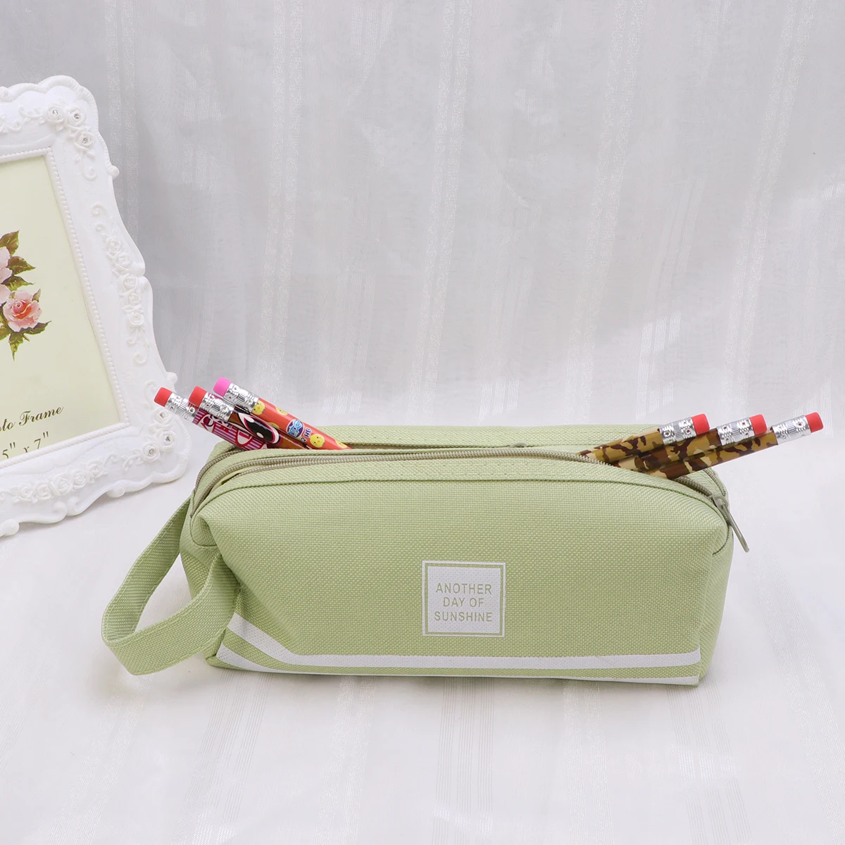 

Portable Double Layer Pencil Bags High Capacity Canvas Zipper Pouch Cute Pen Case Storage For Students School Supplies