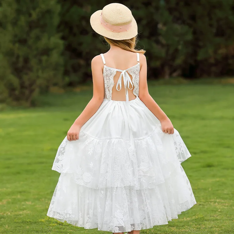Vintage Spaghetti Straps Tie Backless Lace Flower Girl Dresses For Wedding Princess Tiered First Communion Evening Party Gowns