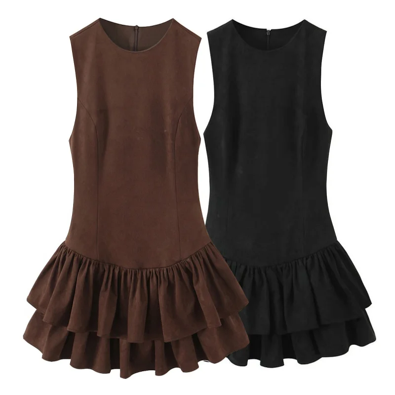 Outono o pescoço sem mangas em camadas decoração vestido feminino volta zíper efeito camurça vestido curto feminino casual praia feriados wear