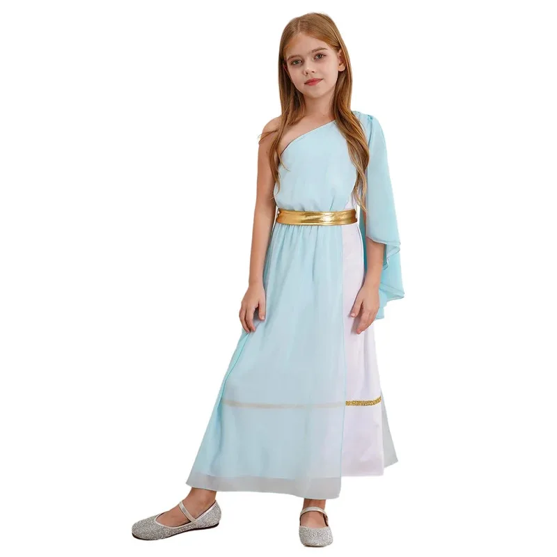 Costume cosplay per bambina, ninfa greca, toga, volant, monospalla, maxi vestito da ballo lirico, antico dio romano, per spettacolo scolastico