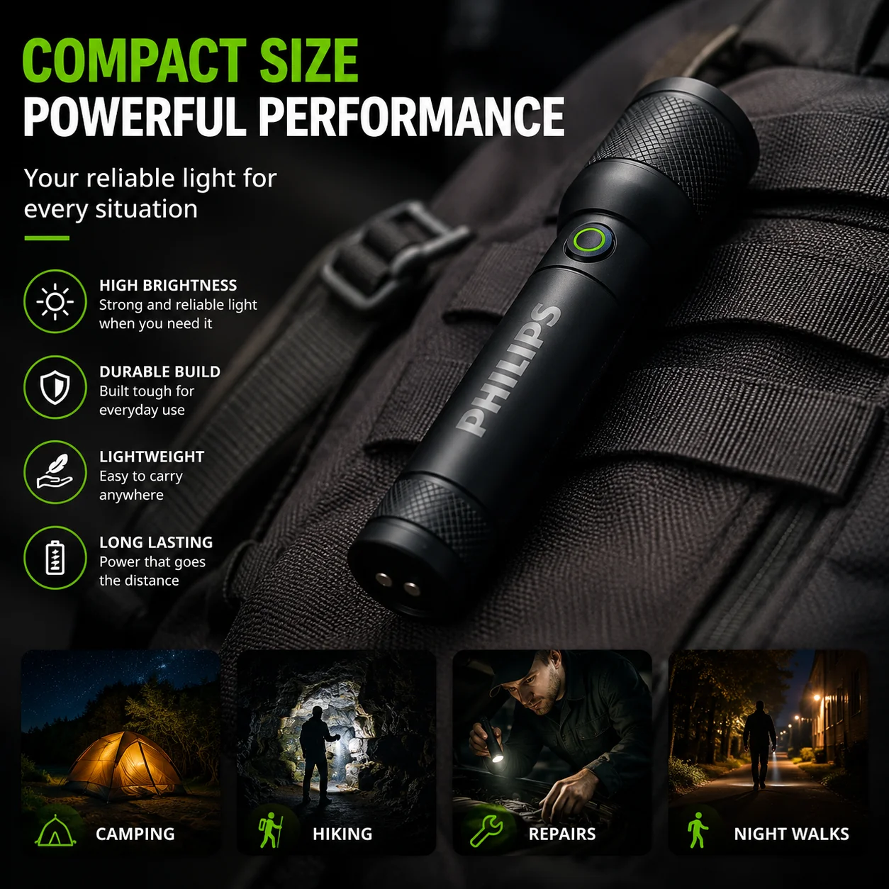 Philips SFL6168 Rechargeable LED Torch 1000 Lumens Zoom Focus USB-C  4 Modes Shockproof for Outdoor Em