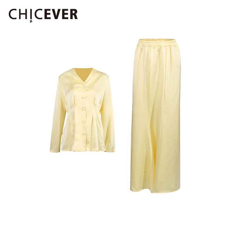 

CHICEVER Solid Spliced Single Breasted Two Piece Set Female V Neck Long Sleeve Shirt Elegant Luxury Women's Skirt Sets Fashion