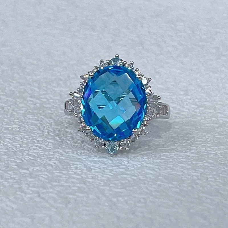 SACEGEMS 925Sterling Silver 10*12mm Natual Swiss Blue Topaz Luxury Rings for Women Created Wedding Engagement Party Fine Jewelry