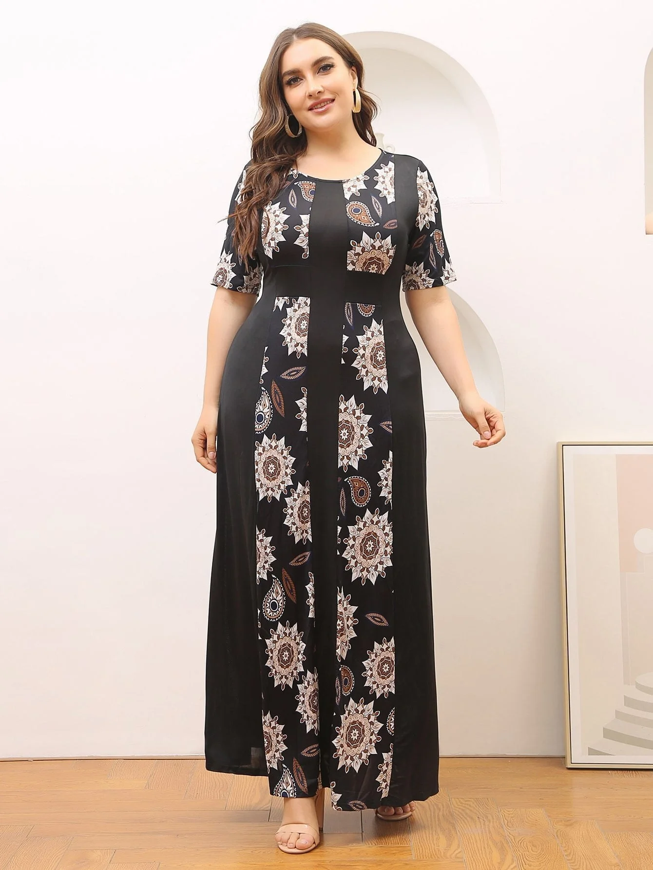 Summer Plus Size Women Dresses Fashion Print A-line Long Dress Casual Short Sleeve Print Temperament Commute Ladies Dress 2023