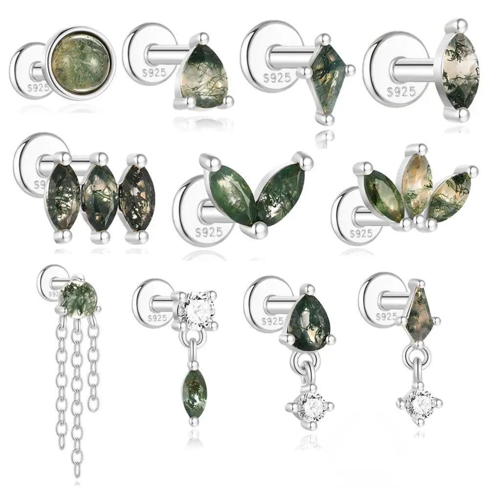 

925 Sterling Silver Teardrop Marquise Natural Moss Agate Flat Back Earrings Elegant Luxury Gift Wedding