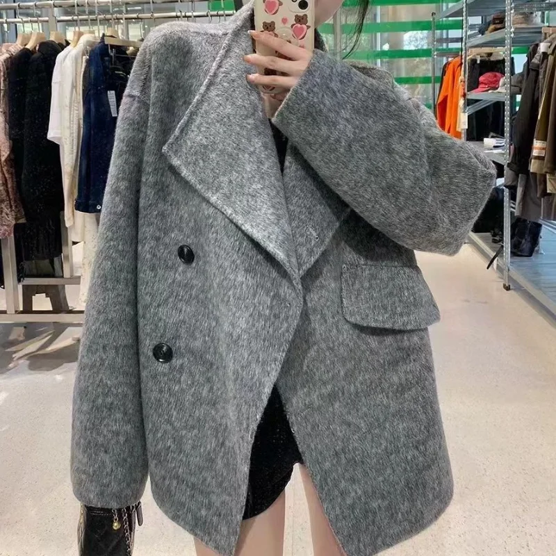

Gray Short Wool Coat Loose Lapel Wool Coat Top