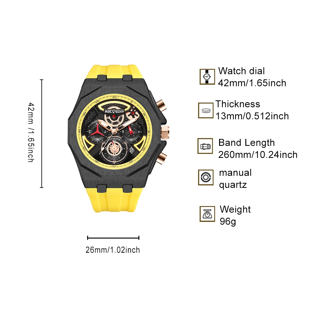 AOCASDIY Men's Quartz Watch Octagonal Case Multi functional Chronograph Sports Luxury Watch Husband Boyfriend Birthday Gift