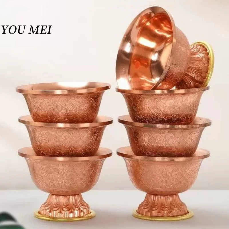 

Buddhism Altars Tall Feet Red Copper Bowl,Tantric Engraving Eight Auspicious Texture Cup ,Tibetan Holy Bowl Buddhist Items