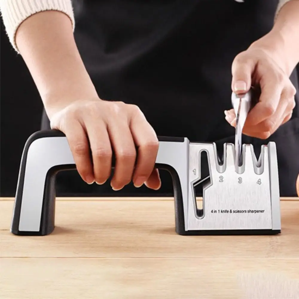 

Многофункциональная ручная точилка 4-в-1 с фиксированным углом, быстрый точильный камень из нержавеющей стали, рукоятка из АБС-пластика, для резки и заточки, для ресторанов