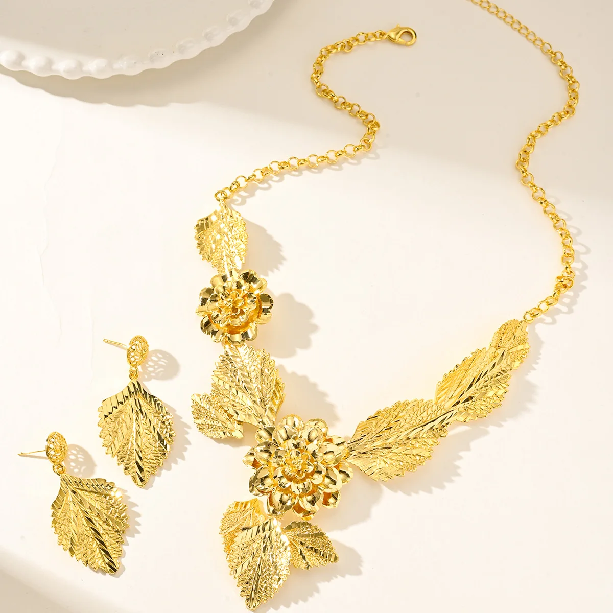 Huixing Vietnam sand gold flower fringed long necklace earrings jewelry two-piece set copper-plated 24k gold jewelry set