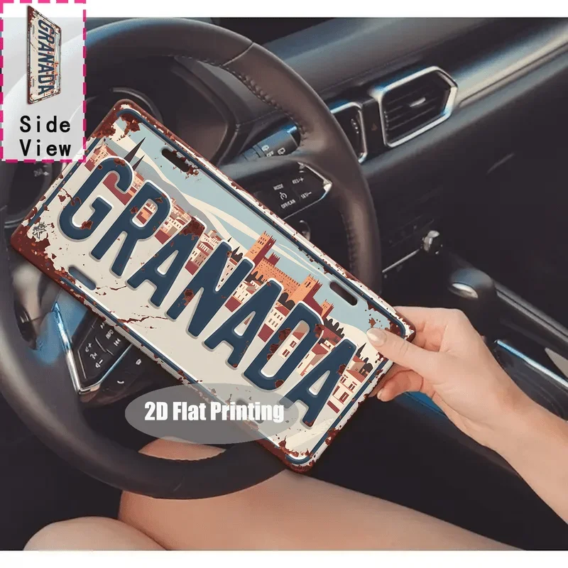 2D Flat - Vintage Spanish City Metal Wall Decor Featuring a  Metal Sign Design - Retro Granada Sign with Spanish Architectural