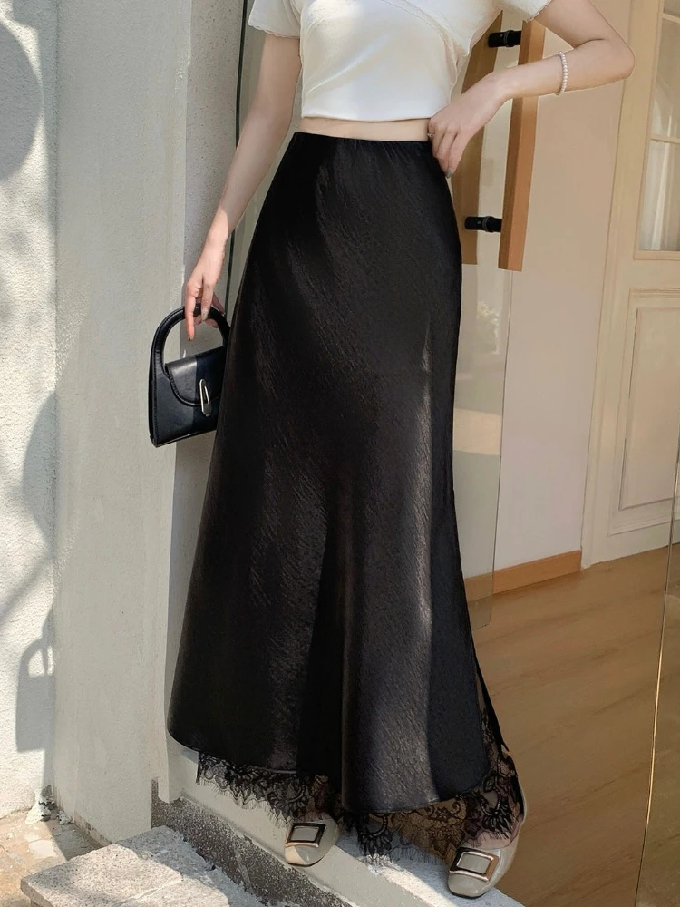 Elegant Lace Splicing Satin Side Slit Women Midi Skirt 2026 Spring Summer New Slim High-end Fashion Half Skirts
