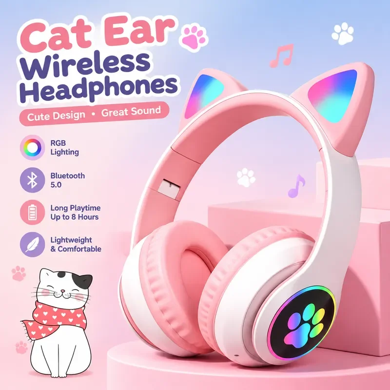 for Cat Ear Plug-in Headset Android STN-28 Folding Cool Luminous Learning Headphones with Card Slot