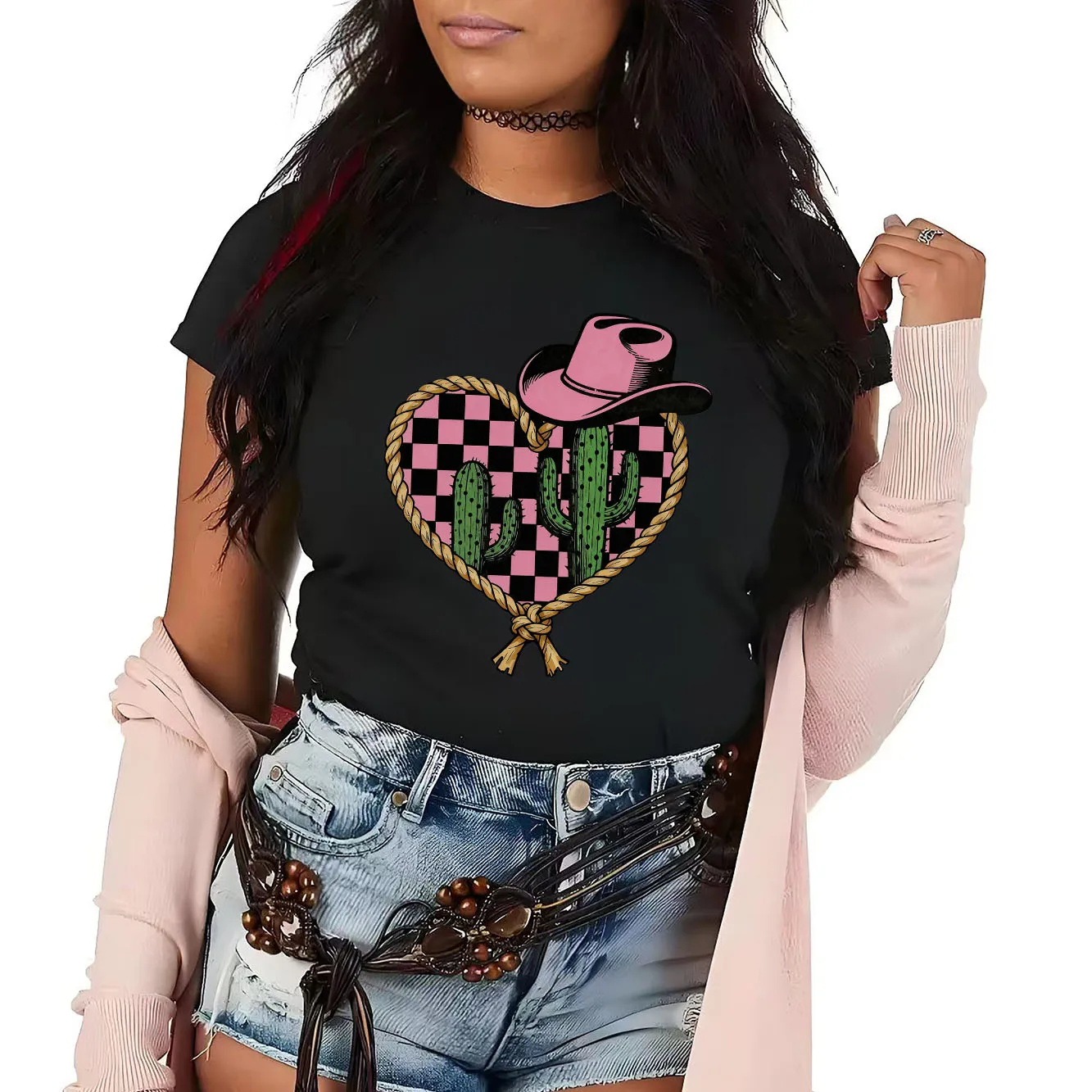 レトロなウエスタン カウボーイ ハット プリント レディース 半袖 Tシャツ 夏 ラウンドネック 多用途な日常使用に適しています