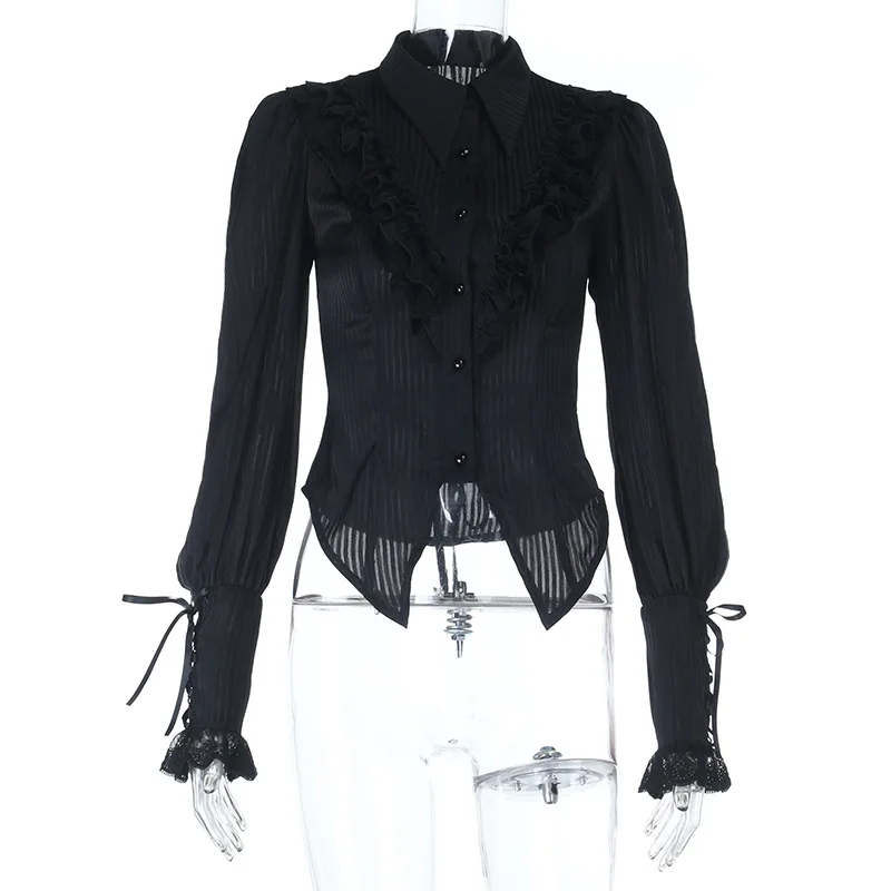 

Женские рубашки с длинными рукавами на шнуровке в черную полоску и оборками, винтажные элегантные тонкие блузки, осенняя праздничная одежда на Хэллоуин