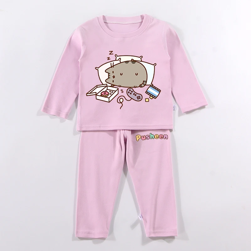 Pusheens Cute Pajamas Pants Set Girls Winter Warm Home Clothes Kids New Anime Cat Nightwear Trousers Children Long Sleeves Gift