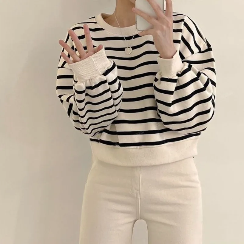 Spring Sweatshirts Women Street Korean Style Fashion All-match Casual Basic BF Long Sleeve Vintage Striped Lightweight O-neck