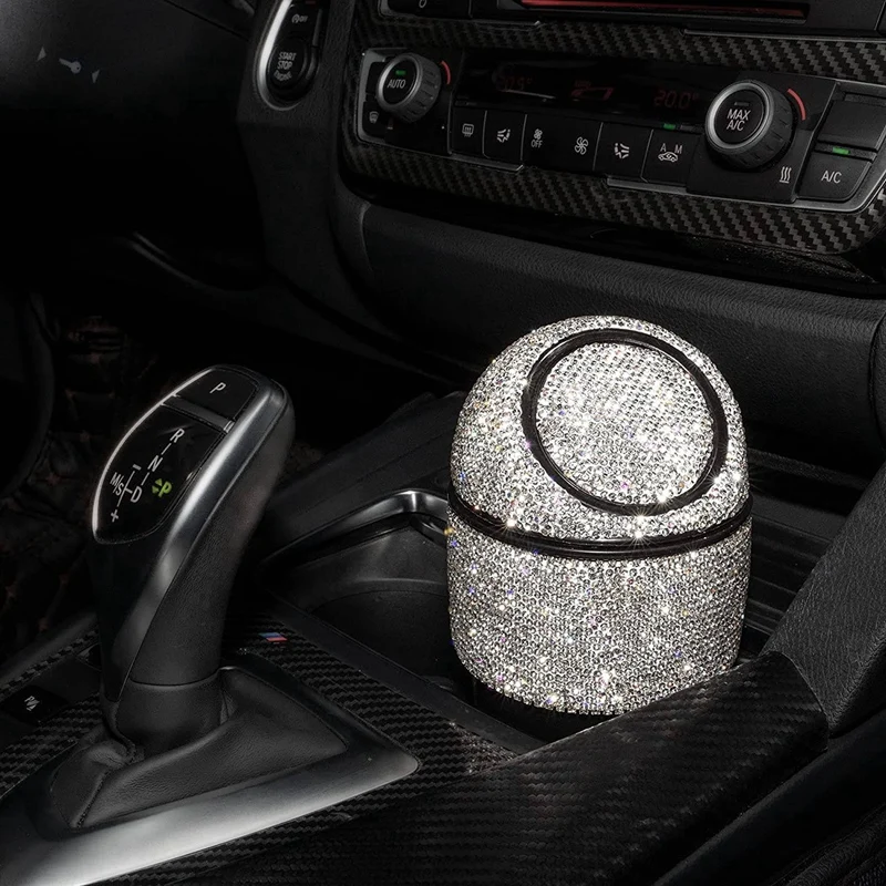 Universal Car Crystal Diamond Trash Can Mini Car Trash Can With Lid Multifunctional Car Trash Can For Car Office Home