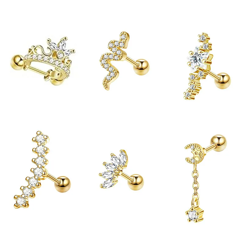 6 stud earrings stainless steel cartilage to wear piercing girl Hundred gold silver elegant romantic Moon snake flash diamond sm