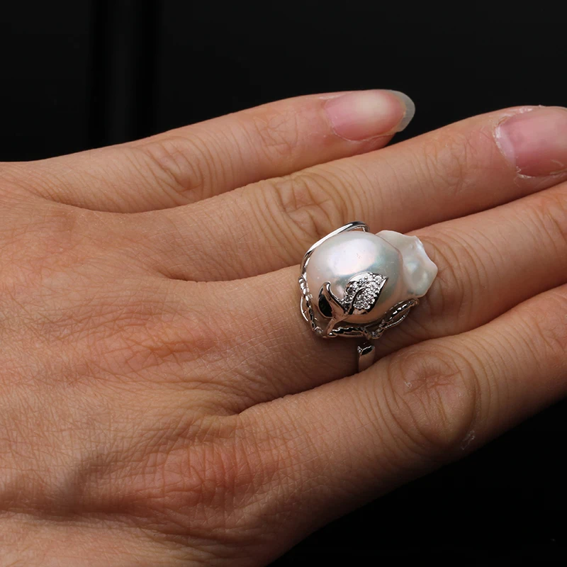 Real Freshwater Natural Baroque Large Pearl Ring,Wedding Adjustable Pearl Ring Sterling Silver White Wife Mother Birthday Gifts