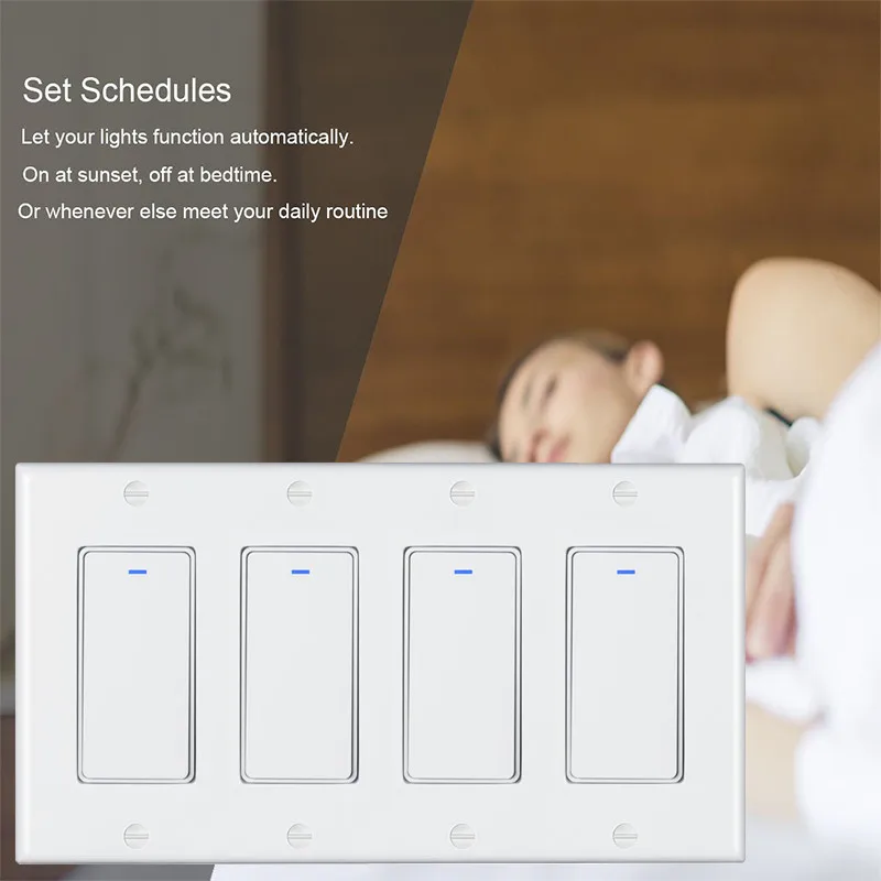米国規格4連WiFiスマートリモコンスイッチ、モダンスタイル、Alexa Echo Dot対応、Google Home音声制御、安全