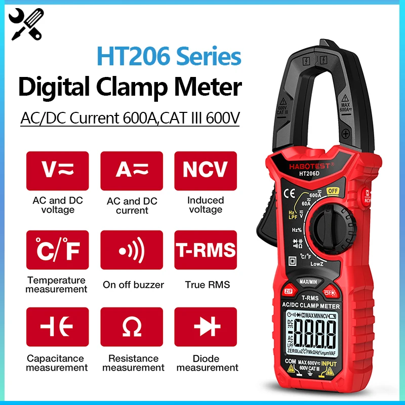 HT206 AC DC Digital Clamp Meter Multimeter Pinza Amperimetrica True RMS Auto Range High Precision Capacitance NCV Ohm Hz Tester