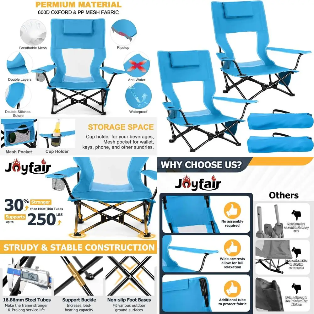 

Набор из 2 складных пляжных кресел с высокой спинкой, подлокотниками, сумкой для переноски, подушкой и подстаканником - синий