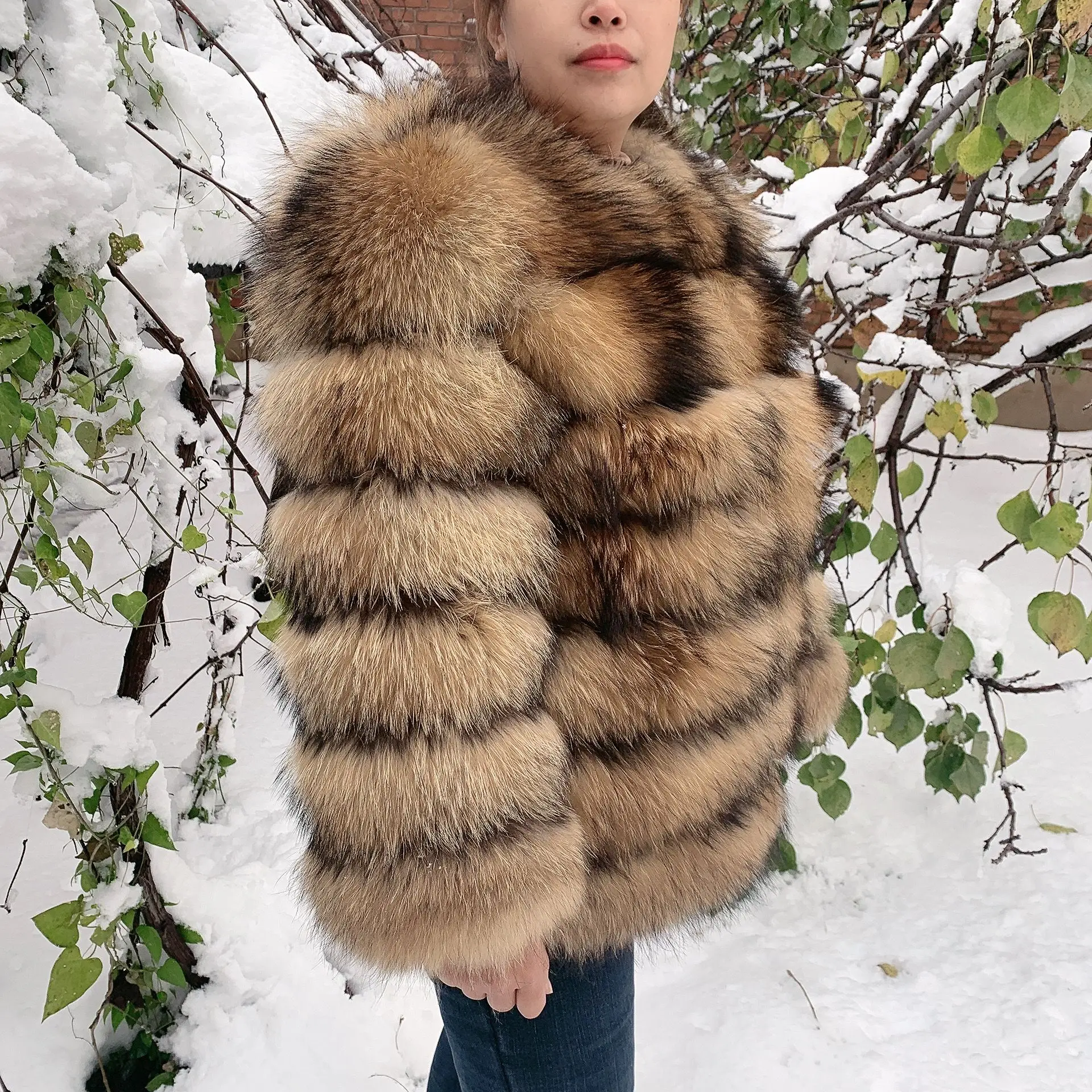 Women Winter Warm Real Fur Coat Raccoon Fur Fashion Long 70cm Natural Real Raccoon Fur Coat Ladies Real Fox Fur Coat High Qualit