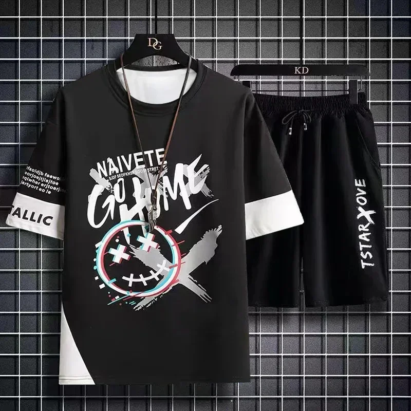 

Summer Men Sets 2 Piece Set Tracksuits Tshirt for Men Sport Gym Casual Men Clothing Y2K Joggers Plaid T Shirt Shorts Outfit
