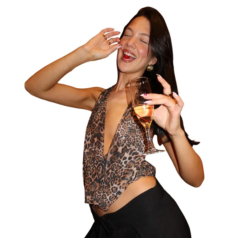 

2024 Summer New Women's Sexy Spicy Girl Pulling Sister Leopard Print Backless Hanging Neck Strap Tank Top