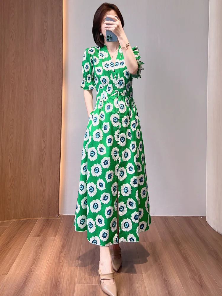 

Fre een Suower Print V-Ne Waist-Cinched Button-Up Cotton Dr Women's Summer New A-Line Skirt Ci Commute Dr