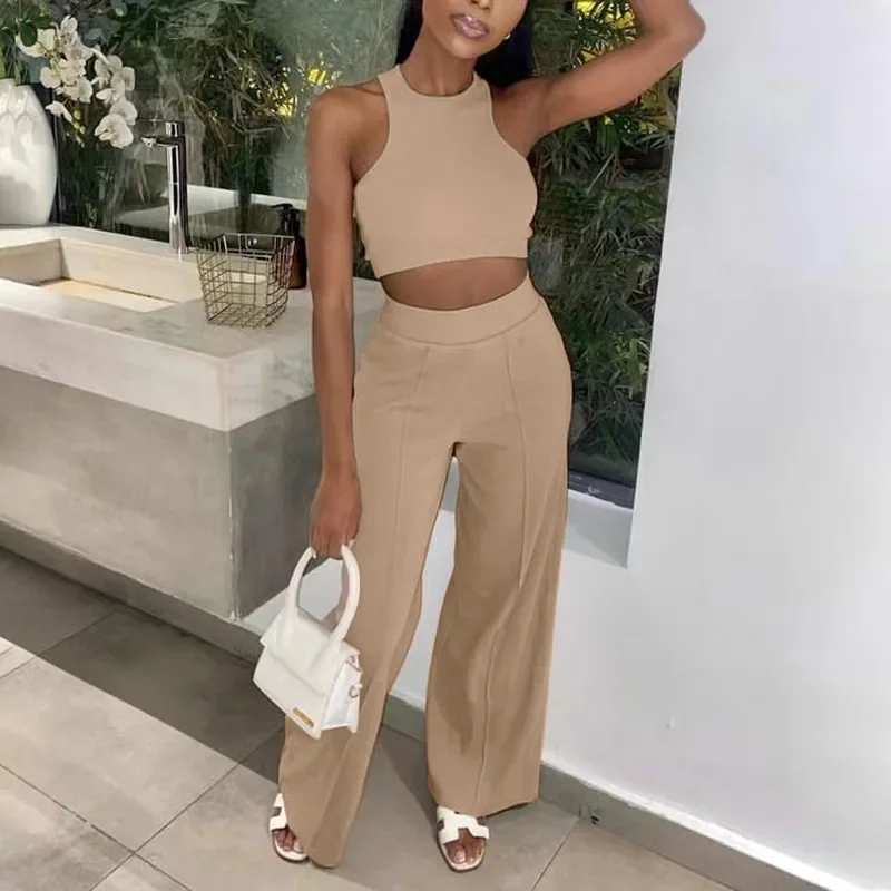 

Two Piece Sets Women Pant Set Round Neck Matching Sets Vests Tops Summer Slim Fit Wide Leg Long Pants High Waist Elegant