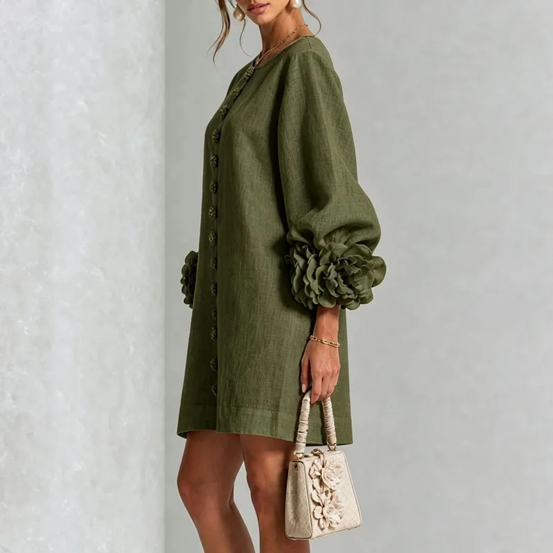 Elegant Solid Dresses Women Round Neck Lantern Sleeve 3D Flower Cuff Decorative Button Loose Short Dress Casual Streetwear Dress