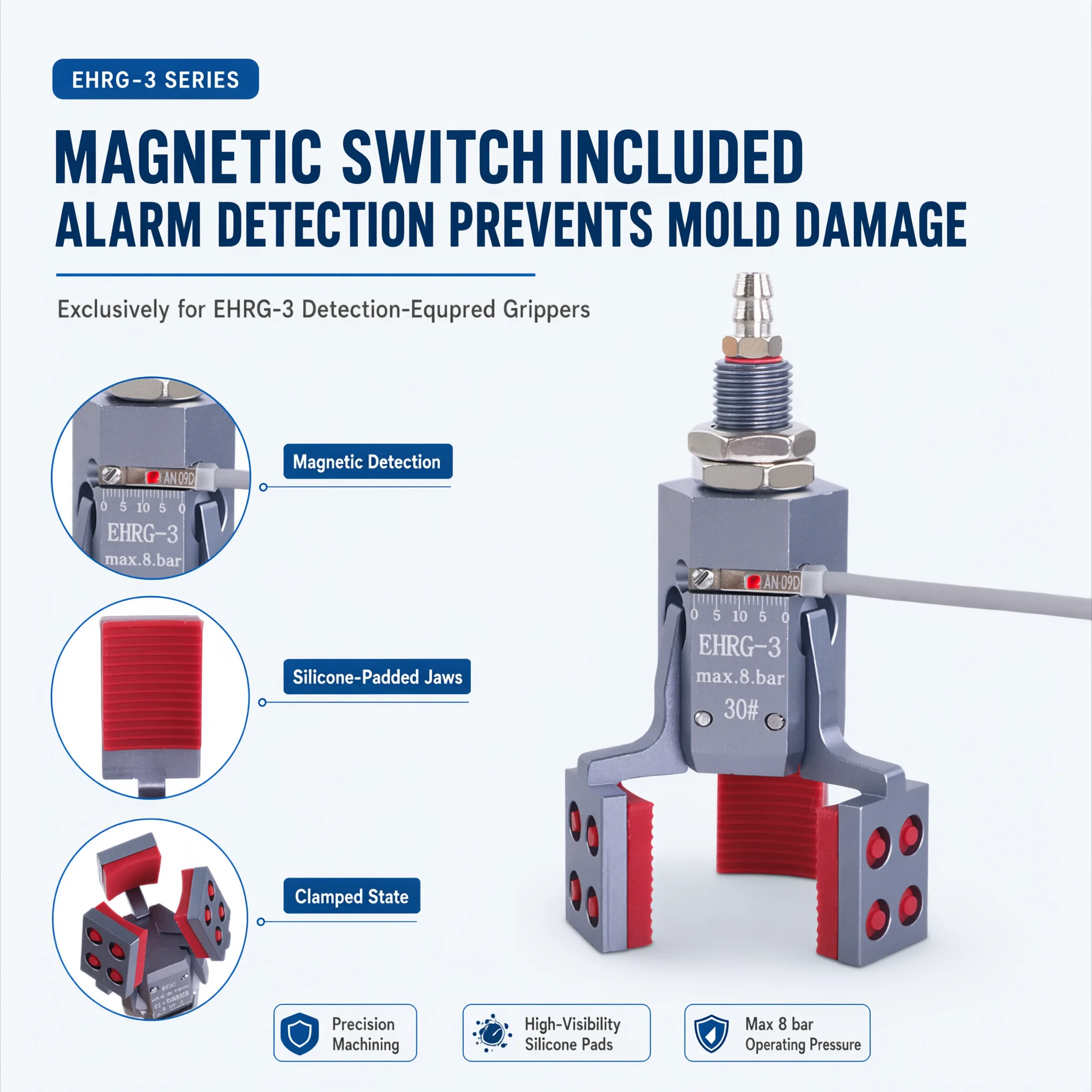 3-Jaw Mini Pneumatic Air Gripper Mini-ERG-3 EHRG-3 Clamp Pad for Round Cylindrical Plastic Parts Injection Molding